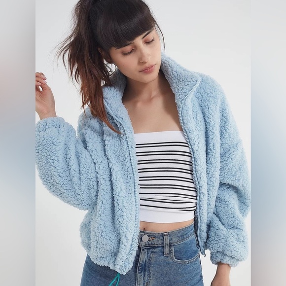 UO Willow Fuzzy Blue Drawstring Teddy Jacket - Picture 16 of 16